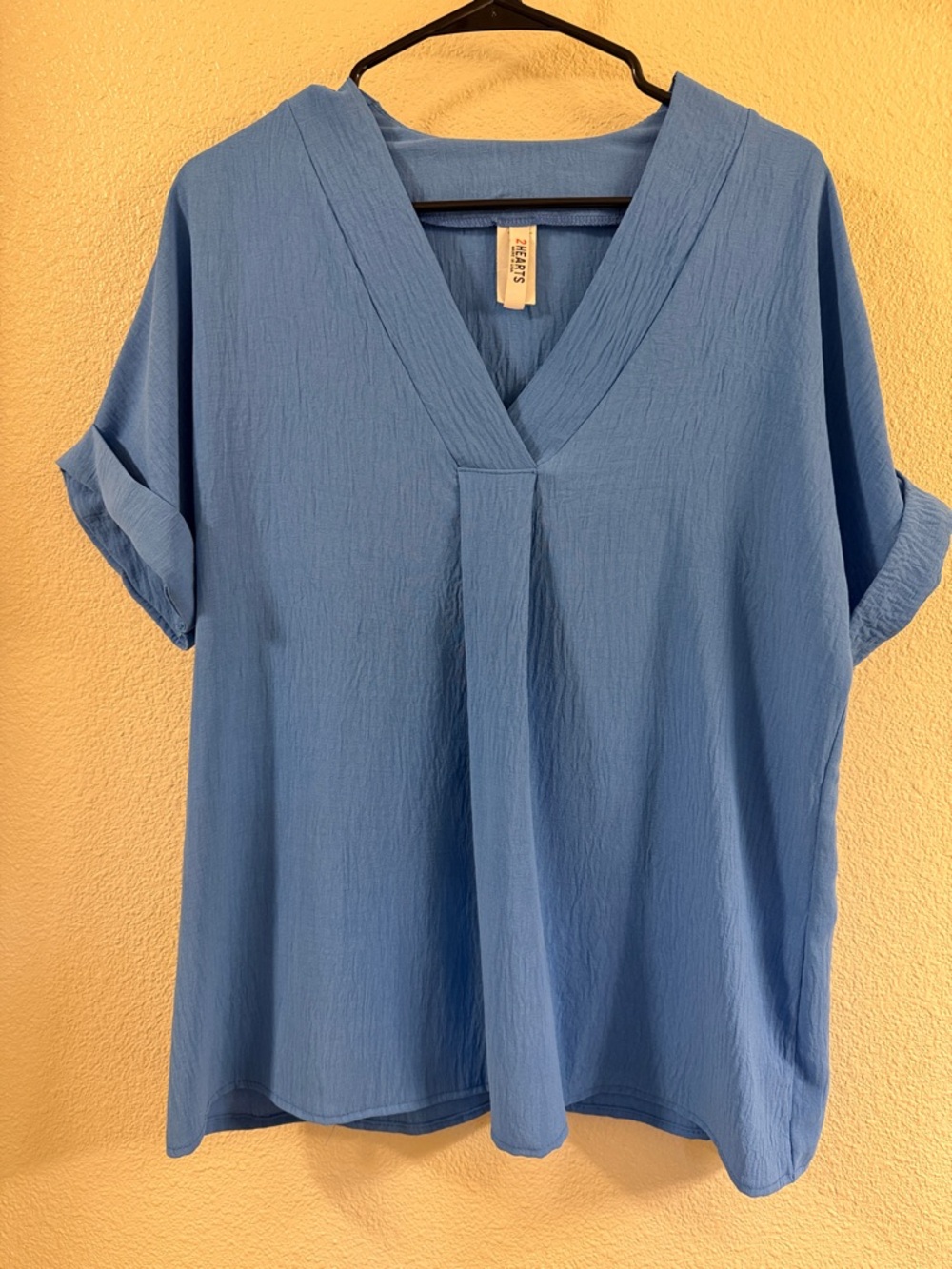 Relaxed V-Neck Roll-Sleeve Women's Top in Light Blue